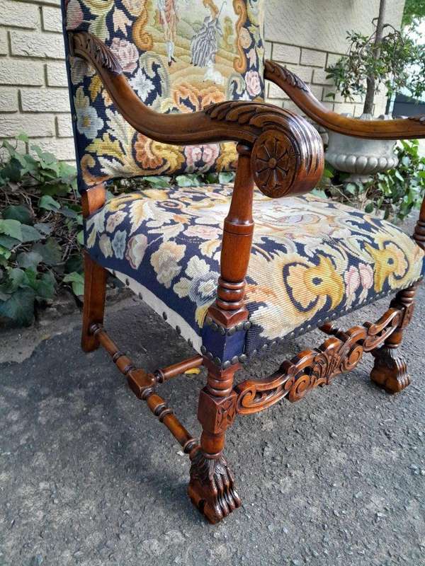 A 19th Century Renaissance Revival Carved Walnut Armchair in  Gobelin Style Tapestry 