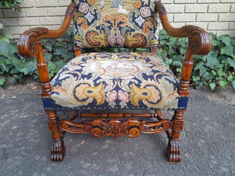 A 19th Century Renaissance Revival Carved Walnut Armchair in  Gobelin Style Tapestry 