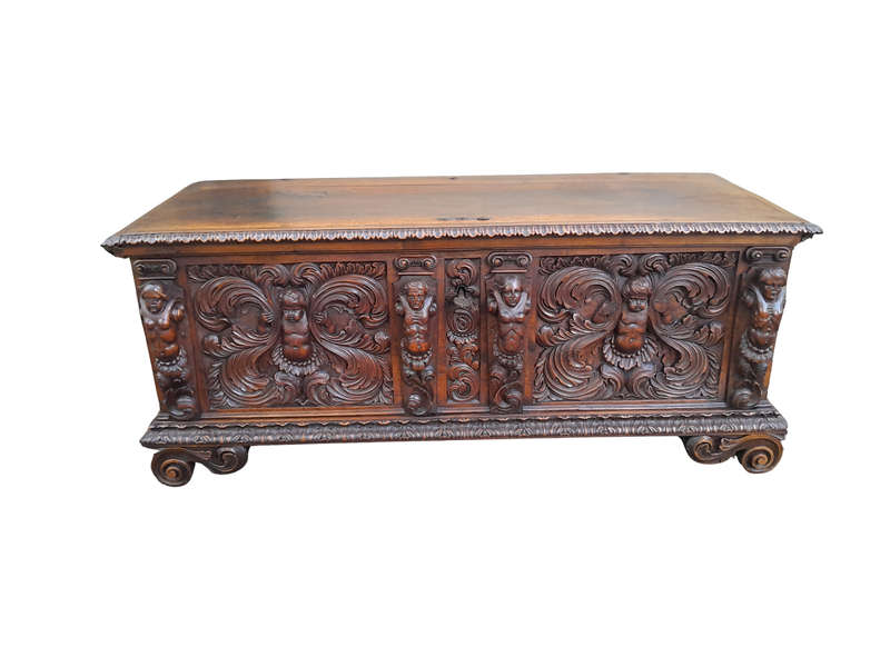 A Late 17th/Early 18th Century Circa 1800 Heavily Carved Walnut Chest with Original Cast-iron  L...