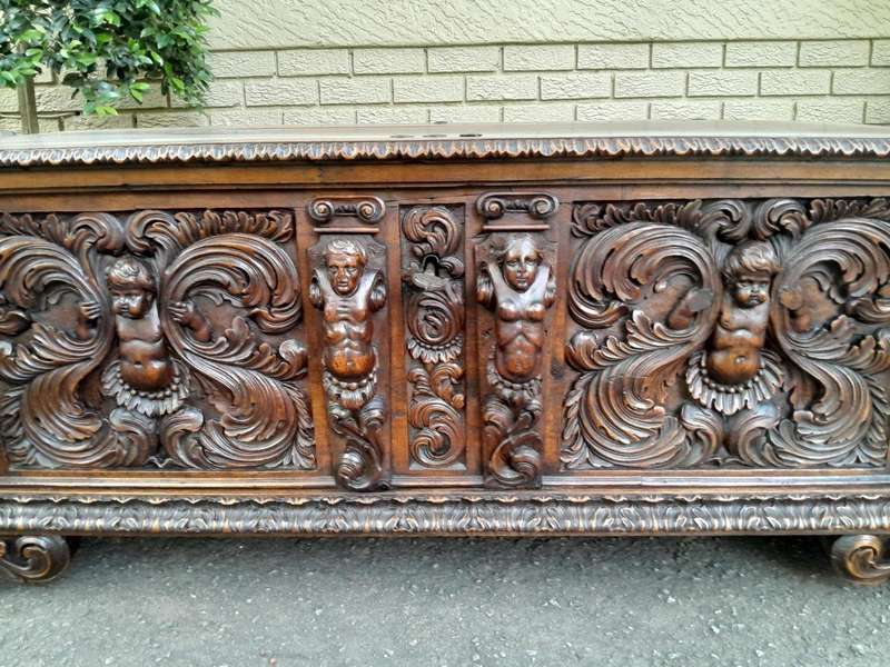 A Late 17th/Early 18th Century Circa 1800 Heavily Carved Walnut Chest with Original Cast-iron  L...