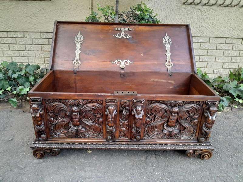 A Late 17th/Early 18th Century Circa 1800 Heavily Carved Walnut Chest with Original Cast-iron  L...
