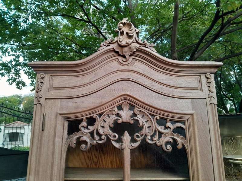 A 19th Century French Pair of Walnut Rococo Style Display / Vitrine Cabinets in a Contemporary Bl...
