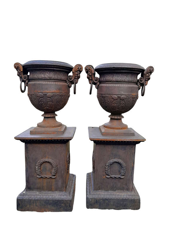 A 20th Century Pair of French Cast Iron Urns / Planters on Plinths of Large Proportions