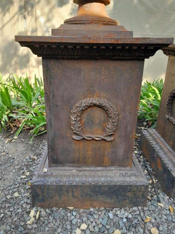 A 20TH Century Pair of French Cast Iron Urns / Planters on Plinths of Large Proportions