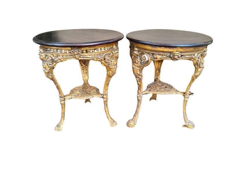 A 19th Century Pair of Original Victorian Britannia  Cast Iron Pub Tables with Teak Wooden Tops ...