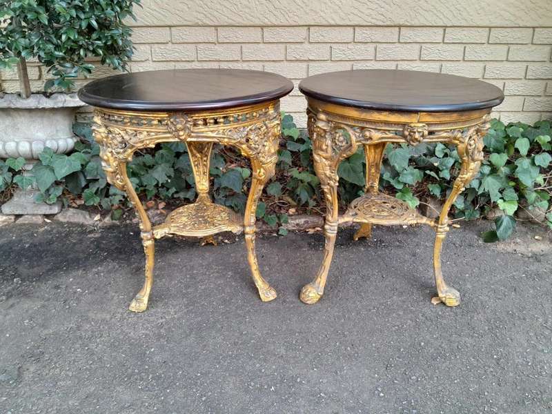 A 19th Century Pair of Original Victorian Britannia  Cast Iron Pub Tables with Teak Wooden Tops ...