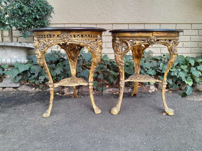 A 19th Century Pair of Original Victorian Britannia  Cast Iron Pub Tables with Teak Wooden Tops ...