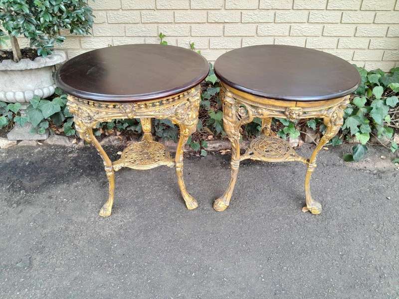 A 19th Century Pair of Original Victorian Britannia  Cast Iron Pub Tables with Teak Wooden Tops ...