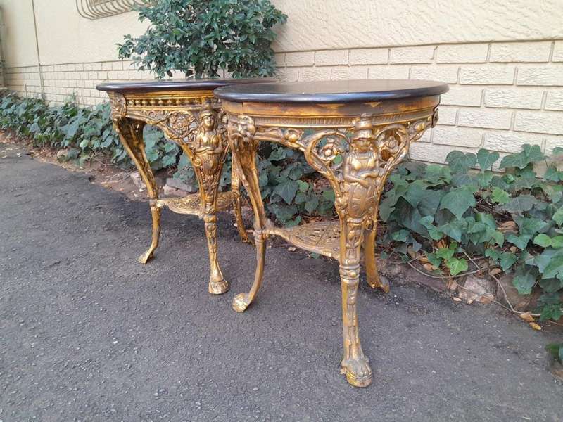 A 19th Century Pair of Original Victorian Britannia  Cast Iron Pub Tables with Teak Wooden Tops ...