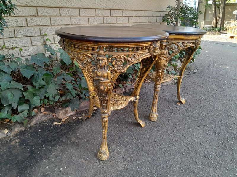 A 19th Century Pair of Original Victorian Britannia  Cast Iron Pub Tables with Teak Wooden Tops ...