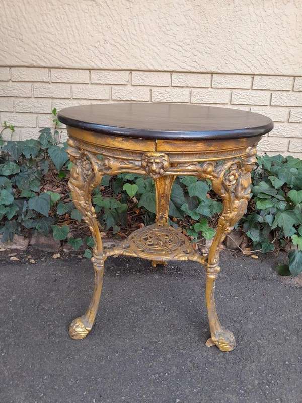 A 19th Century Pair of Original Victorian Britannia  Cast Iron Pub Tables with Teak Wooden Tops ...