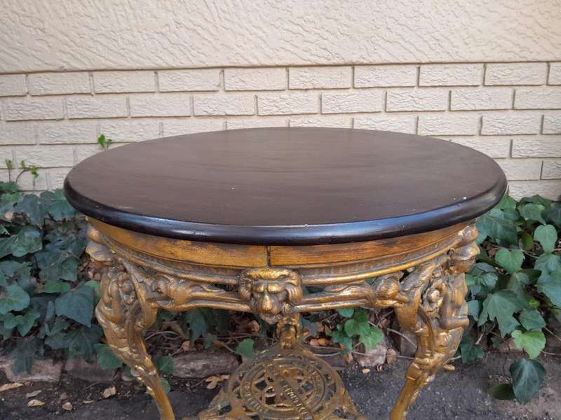 A 19th Century Pair of Original Victorian Britannia  Cast Iron Pub Tables with Teak Wooden Tops ...