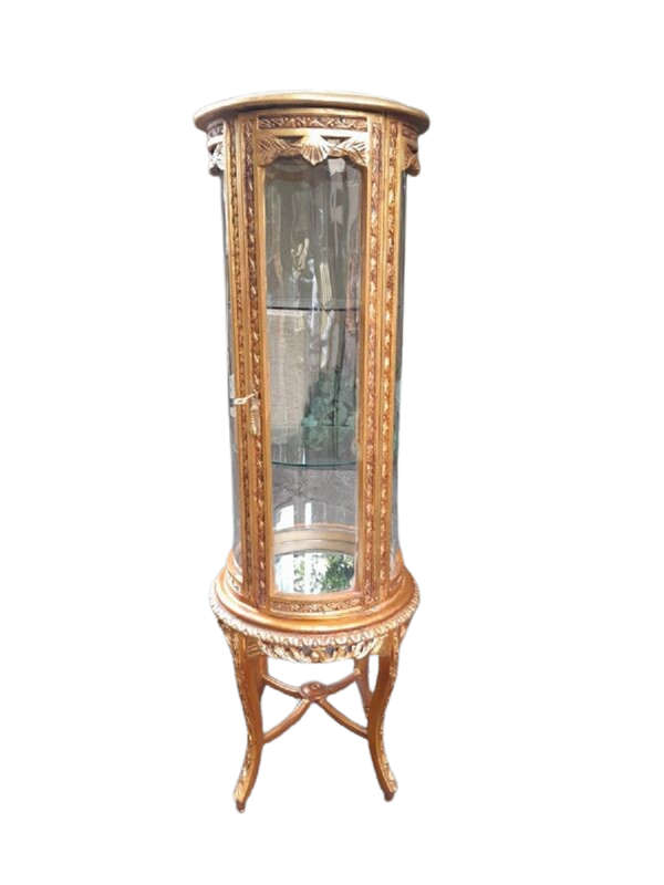A French Style Gilded Cylindrical Display Cabinet / Vitrine With Marble Top