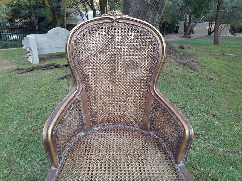 A Pair of French Style Ornately Carved and Gilded Rattan High Back Armchairs