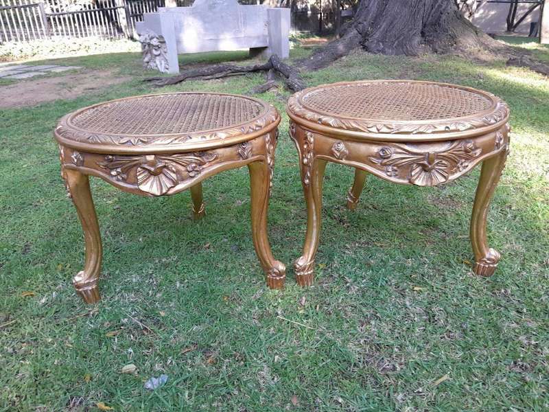 A Pair of French Style Carved Round Side Tables with Rattan Tops