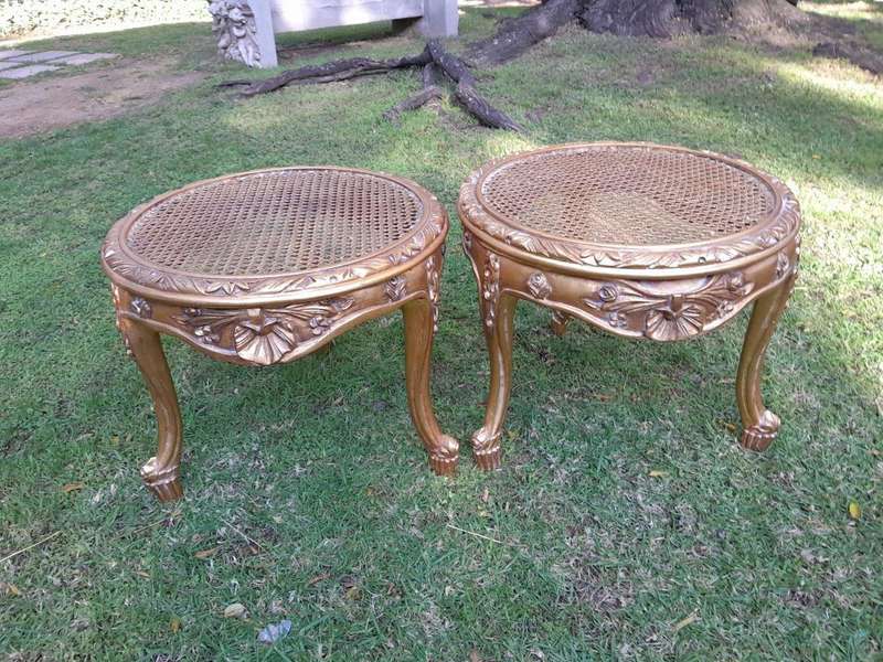 A Pair of French Style Carved Round Side Tables with Rattan Tops