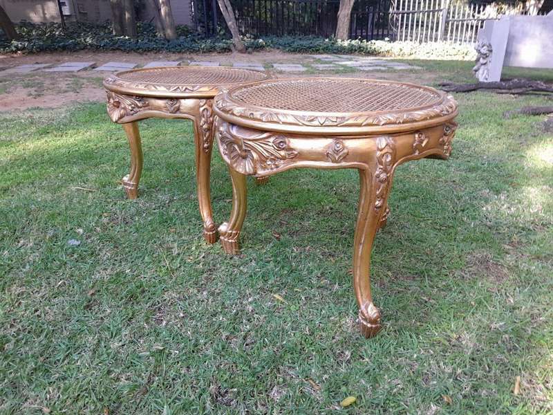 A Pair of French Style Carved Round Side Tables with Rattan Tops