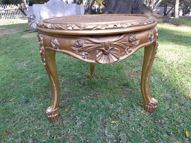A Pair of French Style Carved Round Side Tables with Rattan Tops