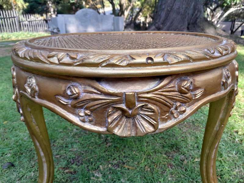 A Pair of French Style Carved Round Side Tables with Rattan Tops