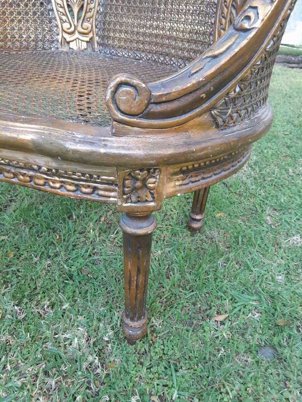 A French Louis XVI Style Pair of Ornately Carved Giltwood Rattan Bergere Chairs