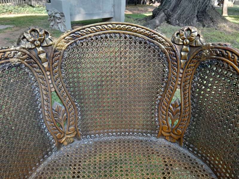 A French Louis XVI Style Pair of Ornately Carved Giltwood Rattan Bergere Chairs