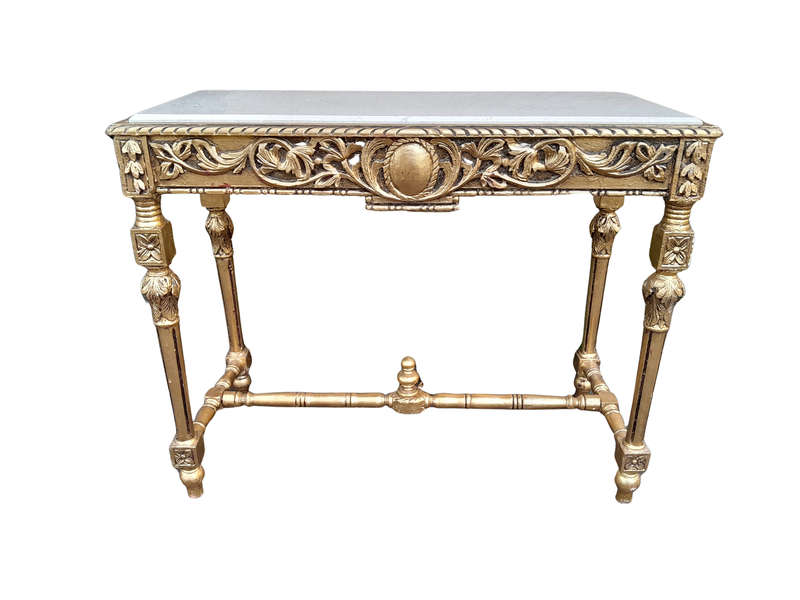 A 20th Century Ornately Carved and Hand-Gilded Console Table with Cream Marble Top
