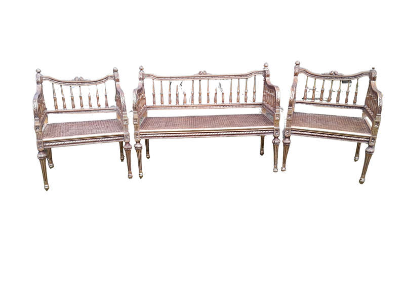A 20th Century 3 Piece French Style Occasional Suite of a Settee and 2 Arm Chairs in Rattan
