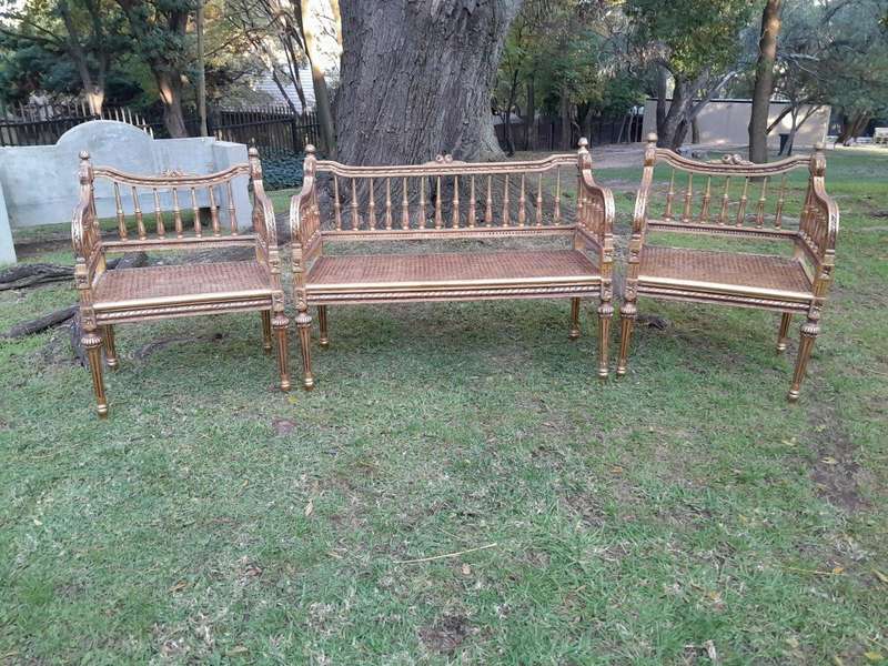 A 20th Century 3 Piece French Style Occasional Suite of a Settee and 2 Arm Chairs in Rattan