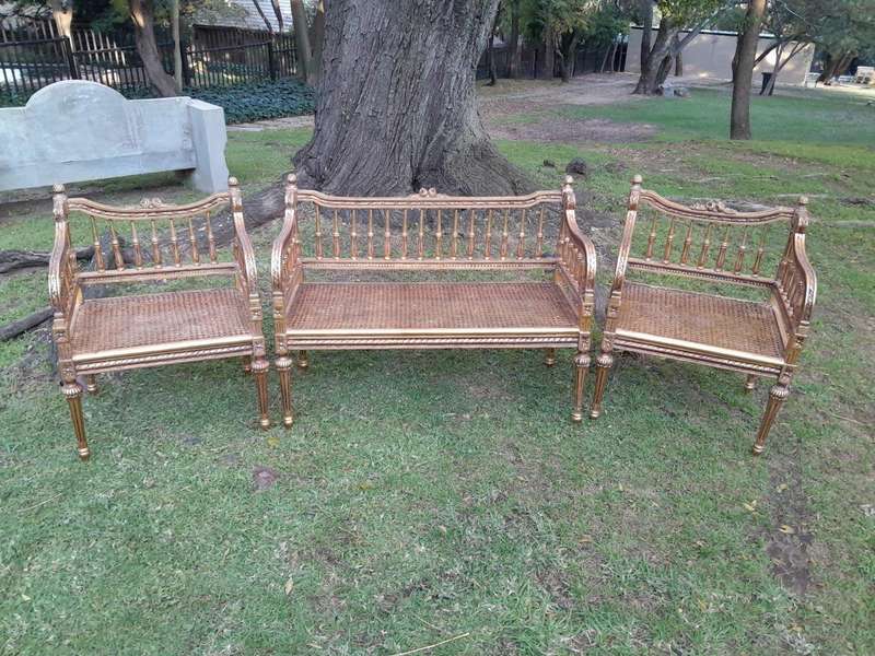 A 20th Century 3 Piece French Style Occasional Suite of a Settee and 2 Arm Chairs in Rattan
