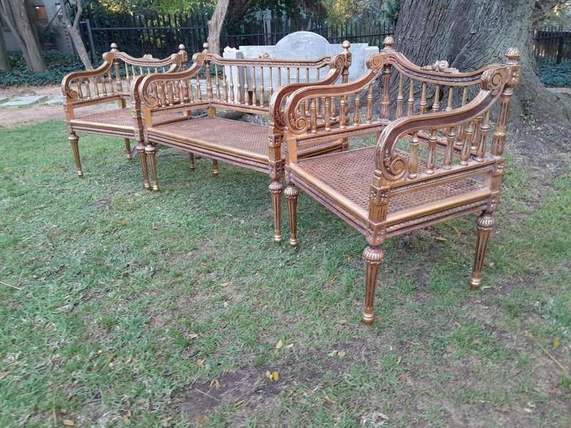 A 20th Century 3 Piece French Style Occasional Suite of a Settee and 2 Arm Chairs in Rattan