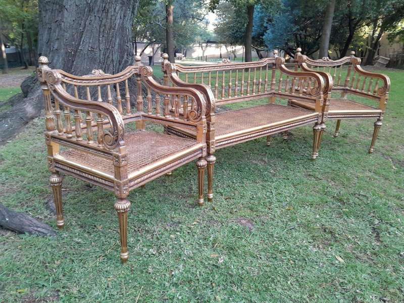 A 20th Century 3 Piece French Style Occasional Suite of a Settee and 2 Arm Chairs in Rattan