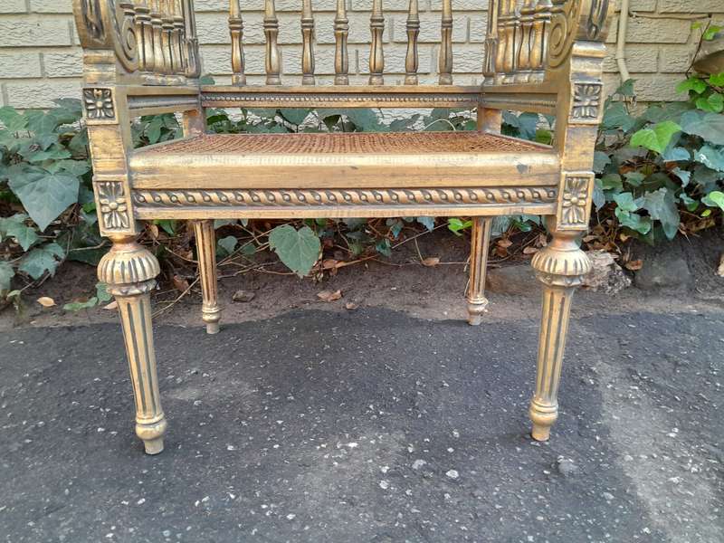 A 20th Century French Style Pair of Ornately Carved and Rattan Arm Chairs