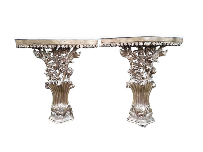 A Pair of Large French Style Carved and Gilded Wall Sconces Or Console Tables with Cream Marble Tops