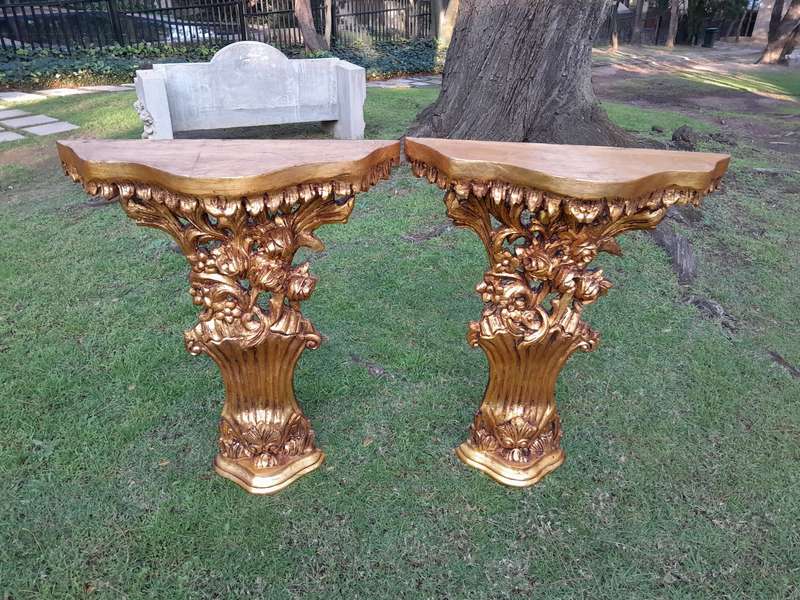 A Pair of Large French Style Carved and Gilded Wall Sconces Or Console Tables