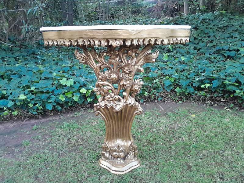 A Pair of Large French Style Carved and Gilded Wall Sconces Or Console Tables with Cream Marble Tops