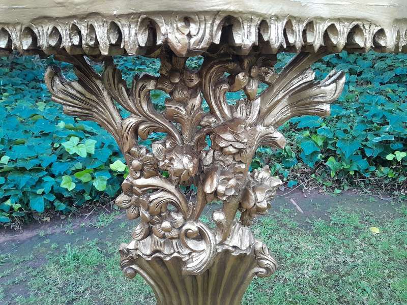 A Pair of Large French Style Carved and Gilded Wall Sconces Or Console Tables with Cream Marble Tops