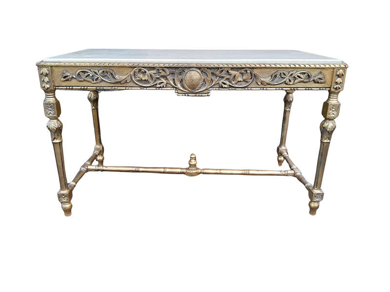 A 20th Century Ornately Carved and Hand-Gilded Console Table with Cream Marble Top
