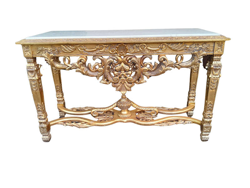 A 20th Century Ornately Carved and Hand-Gilded Console Table with Cream Marble Top