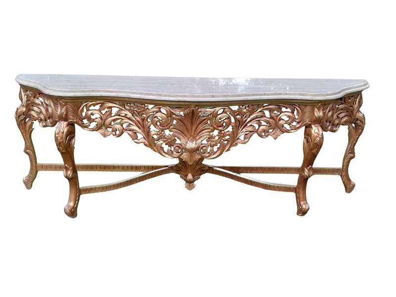 A 20th Century Ornately Carved and Hand-Gilded Console Table of Large Proportion with Cream Marbl...