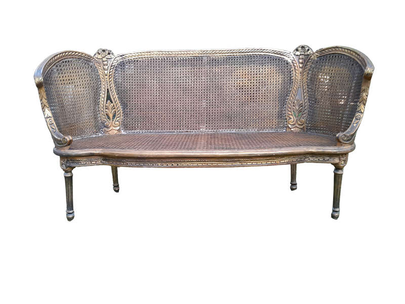A French Louis XVI Style Carved and Giltwood Rattan Settee