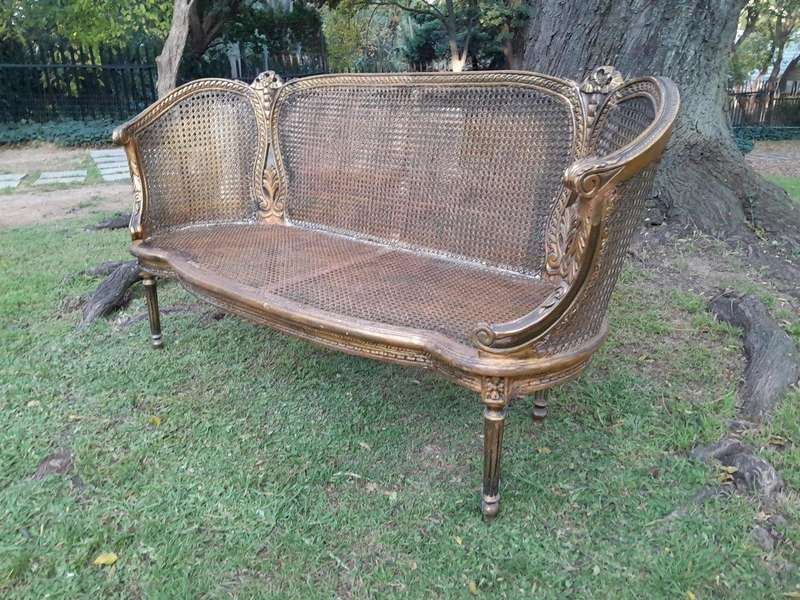 A French Louis XVI Style Carved and Giltwood Rattan Settee