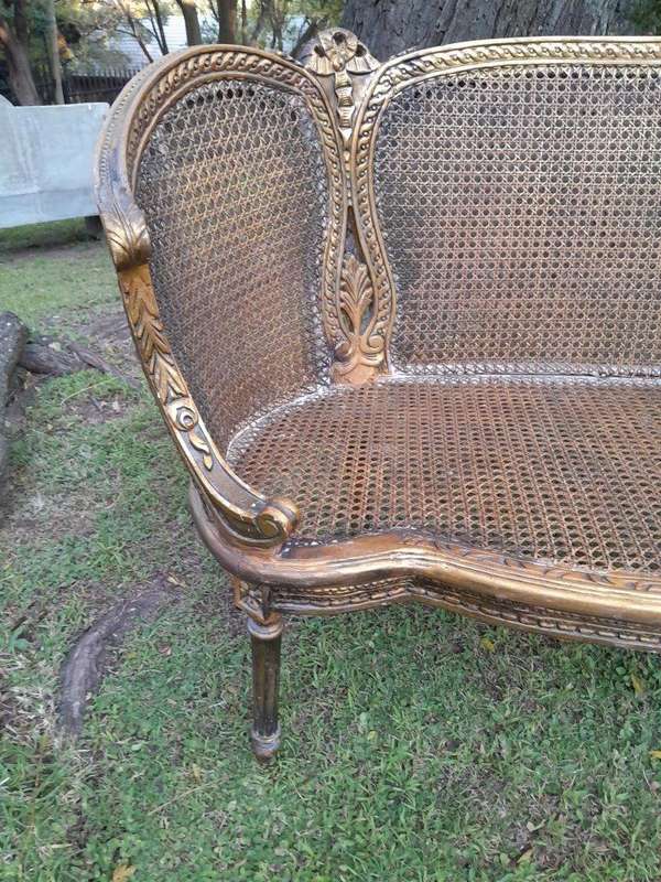 A French Louis XVI Style Carved and Giltwood Rattan Settee