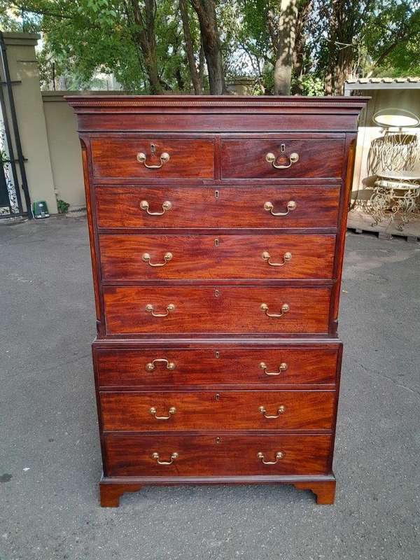 An 18th Century Georgian Mahogany Chest on Chest With Brass Handles