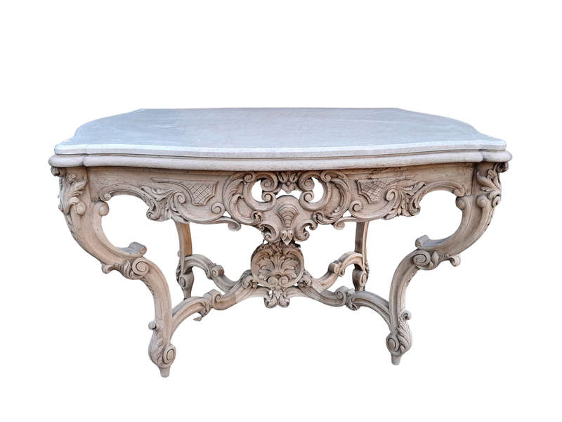 A 19th Century Ornately Carved Rococo Style Table with Marble Top in a Contemporary Bleached / Na...