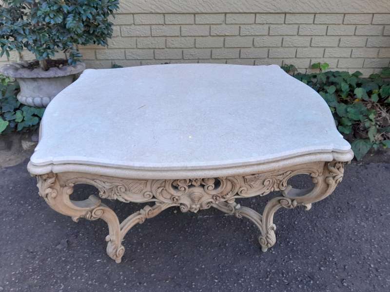 A 19th Century Ornately Carved Rococo Style Table with Marble Top in a Contemporary Bleached / Na...