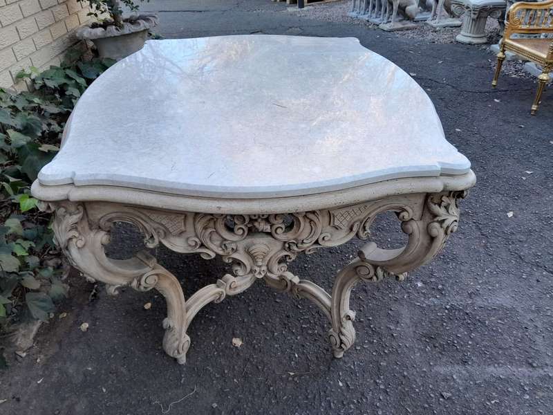A 19th Century Ornately Carved Rococo Style Table with Marble Top in a Contemporary Bleached / Na...