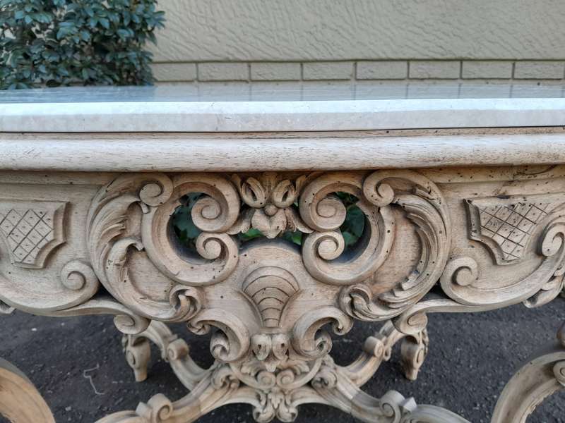 A 19th Century Ornately Carved Rococo Style Table with Marble Top in a Contemporary Bleached / Na...