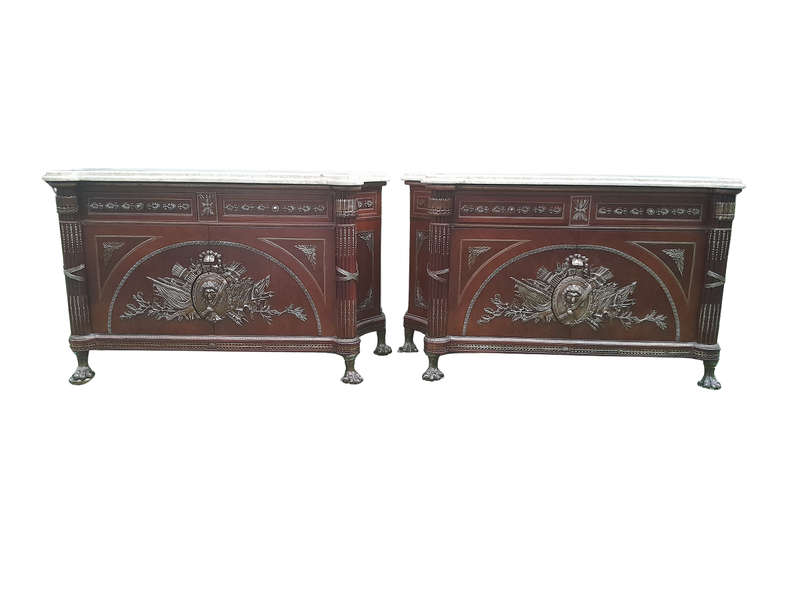 A 20th Century Rare Pair of Mahogany Server  /  Sideboards  /  Cabinets with Ormolu Mounts and Cr...