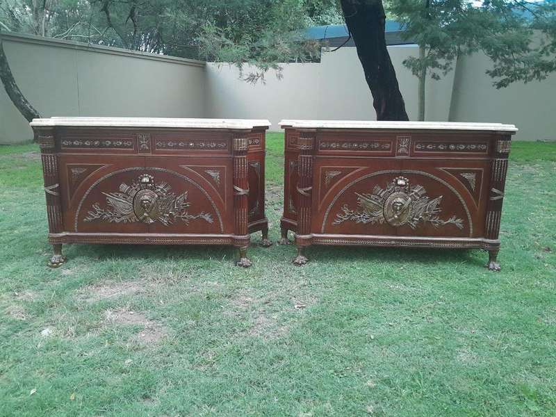 A 20th Century Rare Pair of Mahogany Server  /  Sideboards  /  Cabinets with Ormolu Mounts and Cr...