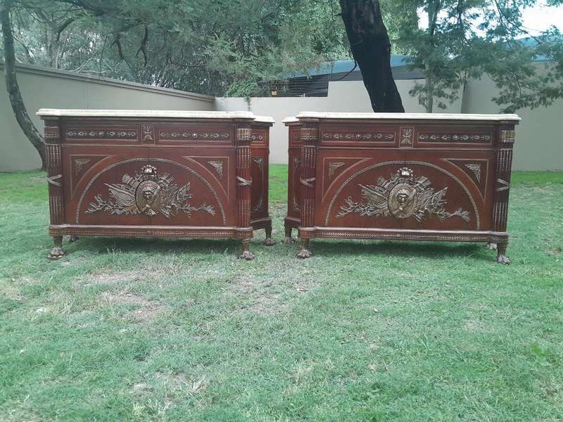 A 20th Century Rare Pair of Mahogany Server  /  Sideboards  /  Cabinets with Ormolu Mounts and Cr...